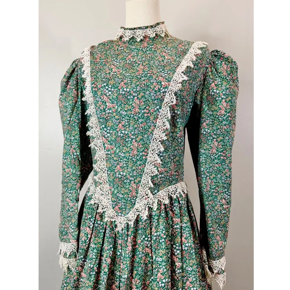 Vintage 1970s Prairie Dress Green Victorian Edwardian Antique Style 70s Fit L XL